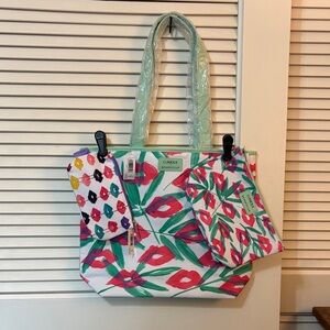 NWT Clinique Vibrant Multi-Colored Tote Bag Set; 1 tote, 2 small makeup bags
